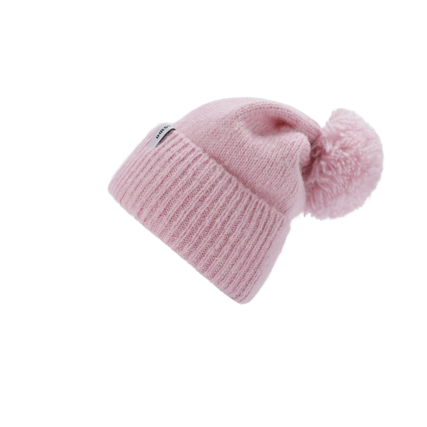 a pink hat with a pom - pom