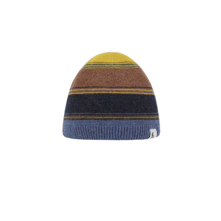 a striped beanie hat on a white background