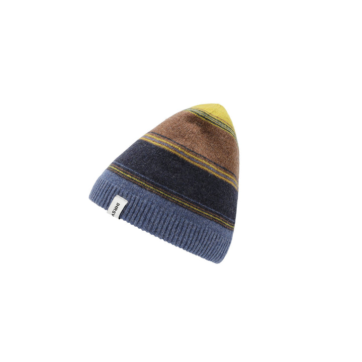 a blue and brown striped hat on a white background