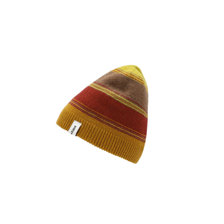 a striped hat with a tag on it