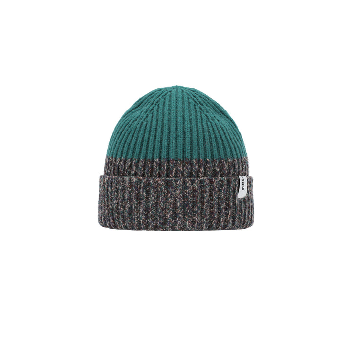 a green hat with a brown stripe on it