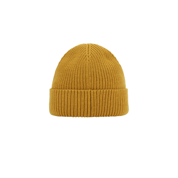 a yellow beanie hat on a white background