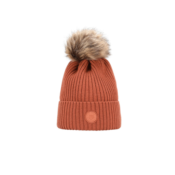a brown hat with a fur pom