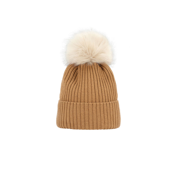 a brown hat with a white fur pom