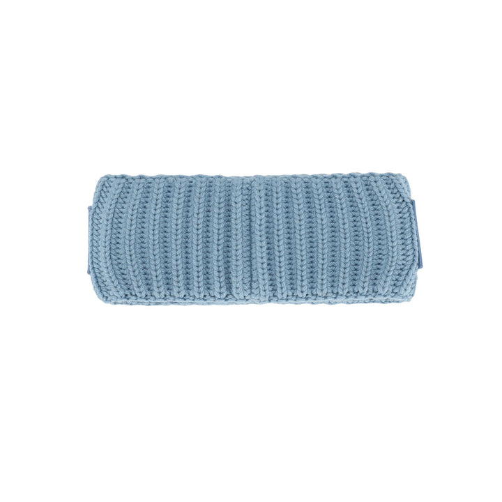a blue knitted headband on a white background