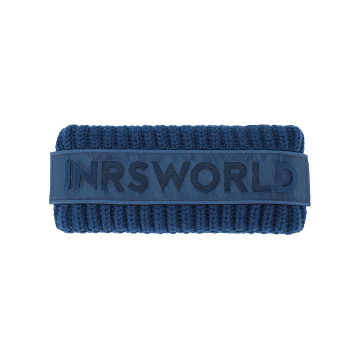 a blue knitted headband with the word'nrsworld'on it