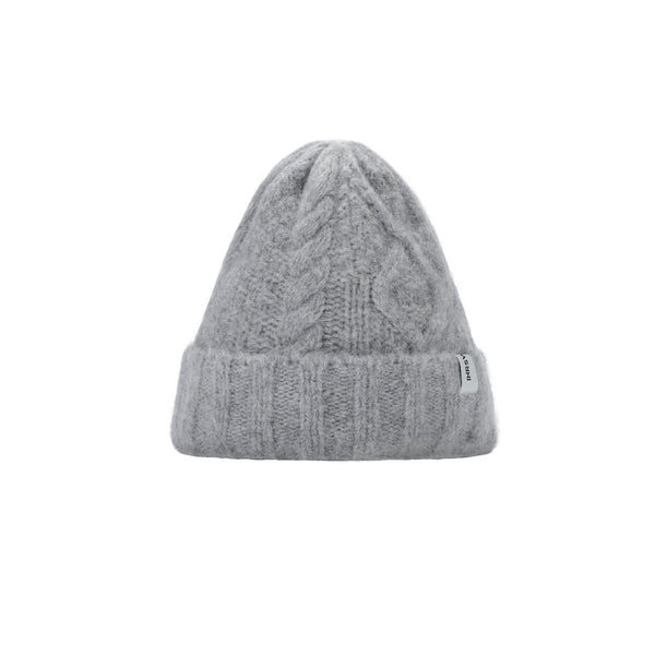 Classic Cable Knit Wool Hat - Alpaca & Sheep Blend - Folded Brim - Recycled Nylon - White/Grey - 58cm