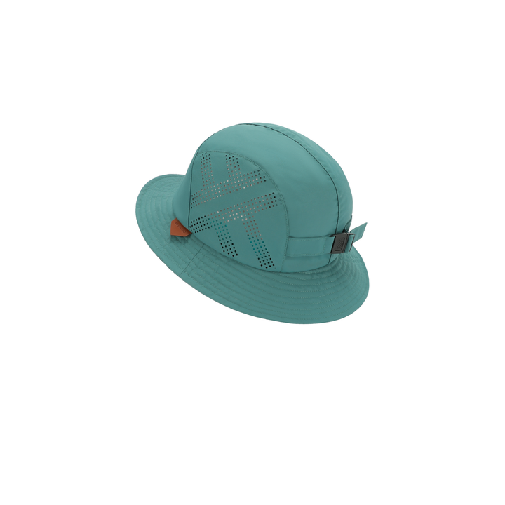 a teal hat with a bow on the brim