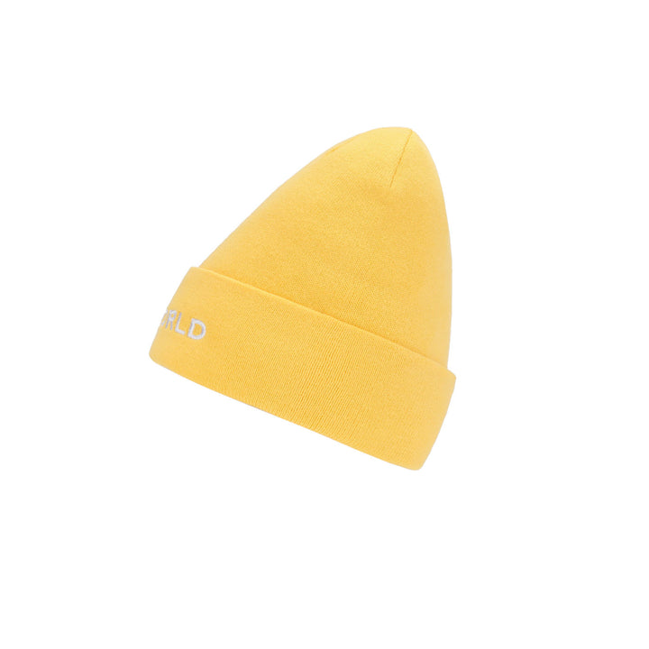 a yellow beanie with a white logo on it