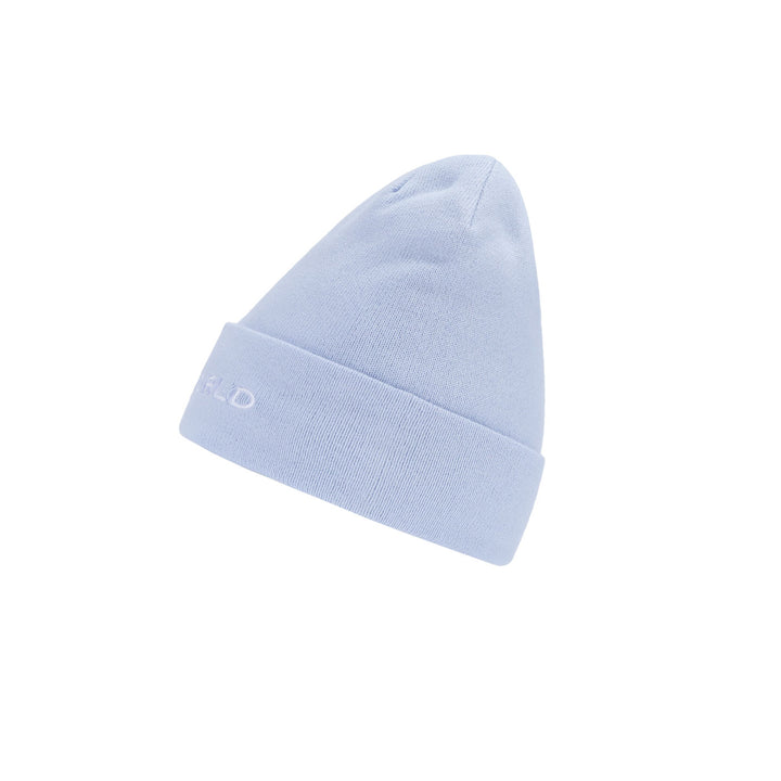 a light blue beanie hat on a white background