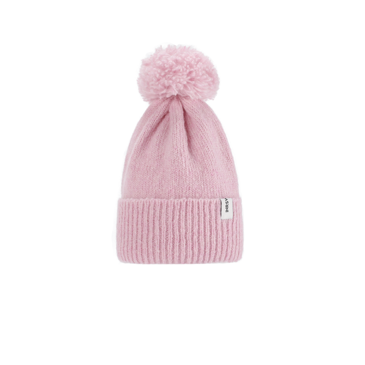 a pink hat with a pom pom