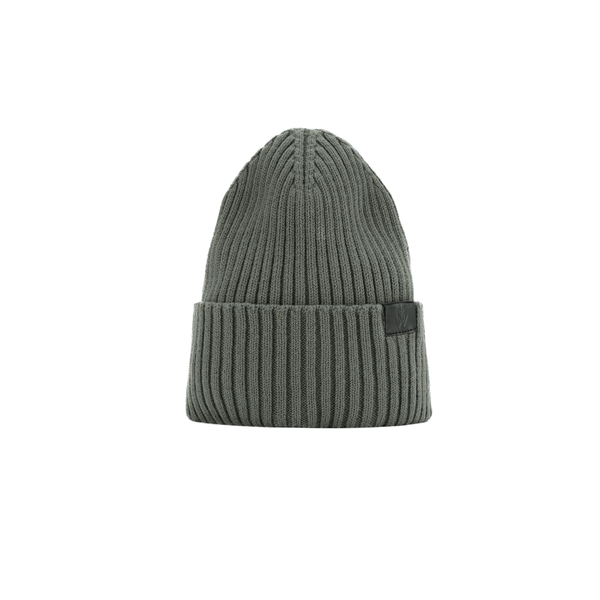 a grey beanie with a black patch on the side