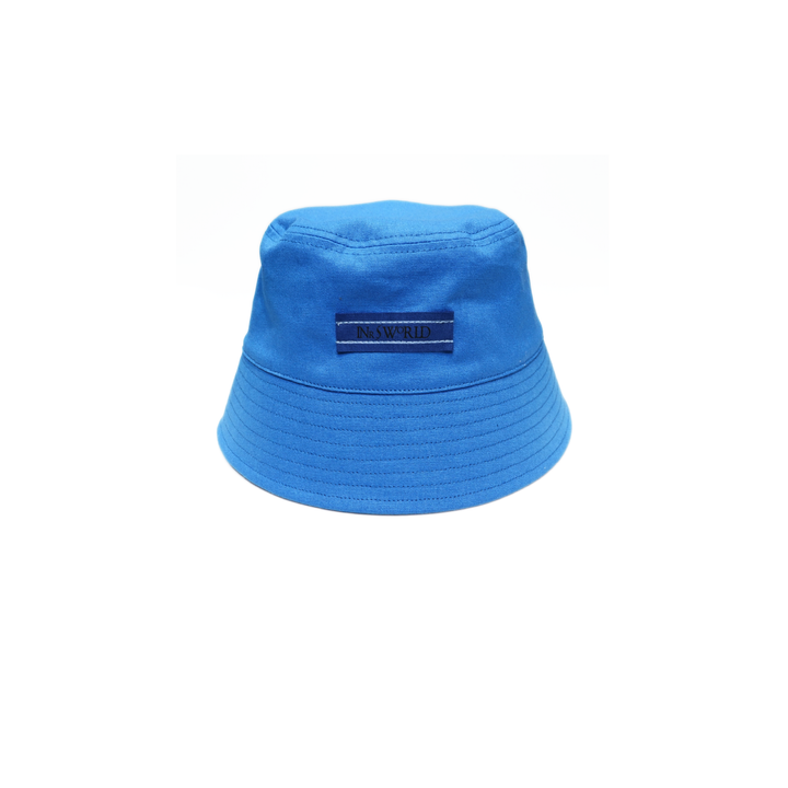 a blue bucket hat with a name tag on it