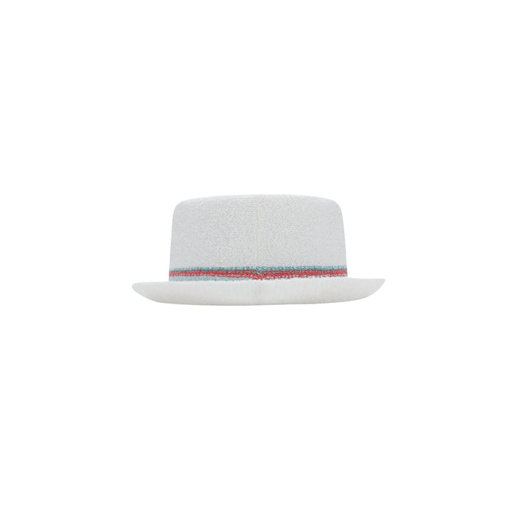 a white hat with a red stripe around the brim