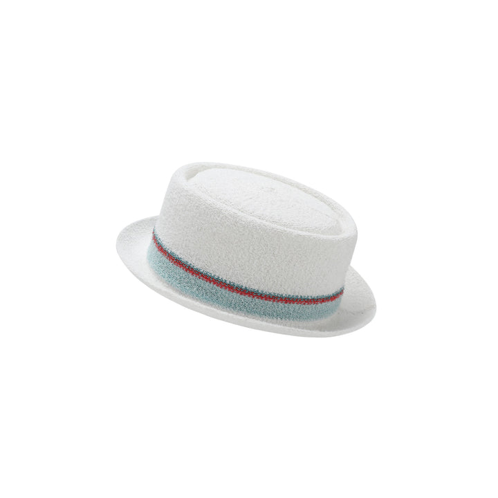 a white hat with a red and blue band